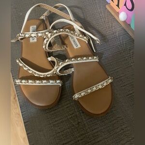 Steve Madden White and Tan Chain-Strap Flat Sandals
